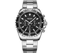 MEGIR Men's Watches Analogue Quartz Multi Chronograph Watch - Waterproof Silver Black Round Dial with Luxurious Silver Stainless Steel Bracelet for Men