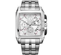 MEGIR Men's Watches Analogue Quartz Multi Chronograph Watch - Waterproof White Silver Square Dial with Luxury Silver Stainless Steel Strap for Men