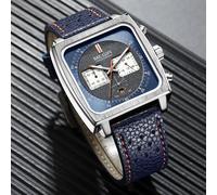 MEGIR Square Dial Chronograph Quartz Watches for Men Fashion Blue Leather Strap Casual Sport Wristwatch with Date 24-hour 2182 Blue