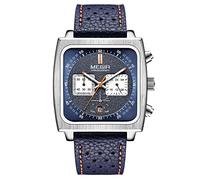 MEGIR Square Dial Chronograph Quartz Watches for Men Fashion Leather Strap Casual Sport Wristwatch with Date 24-Hour 2182, Blue, Casual