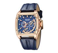 Megir Watch for Men Date Chronograph Luminous Square 3ATM Waterproof Black Blue Leather Strap Fashion Casual Classic Men's Wrist Watches Perfect Gifts for Friend (Gold)