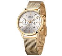 MEGIR Womens Dress Chronograph Watches Stainless Steel Mesh Strap Quartz Stop Watch for Lady