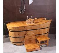 MegLob Free Standing Wooden Bathtub Lit, Japanese Style Solid Wood Soaking Tub with Foldable Wooden Thermal Lid, Mobile Spa Deep Soaking Tub Alone Stand, Classic Oriental Bathtub,100cm/39.37"