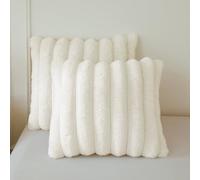 MEGO 2 Pack Fluffy Faux Rabbit Fur Throw Pillow Covers, Comfy Wide Stripe Plush Fuzzy Home Decor Square Cushion Covers with Zipper, Ivory Furry Pillow Shams for Bed Couch Sofa Chair, 18x18, Beige