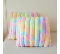 MEGO 2 Pack Fluffy Faux Rabbit Fur Throw Pillow Covers, Comfy Wide Stripe Plush Fuzzy Home Decor Square Cushion Covers with Zipper, Shaggy Tie Dye Pillow Shams for Bed Couch Sofa Chair, 18x18, Rainbow