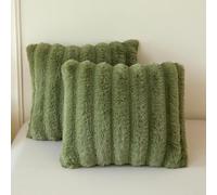 MEGO 2 Pack Fluffy Faux Rabbit Fur Throw Pillow Covers, Comfy Wide Stripe Plush Fuzzy Home Decor Square Cushion Covers with Zipper, Shaggy Moss Pillow Shams Bed Couch Sofa Chair, 18x18, Sage Green