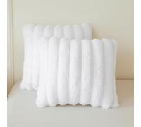 MEGO 2 Pack Fluffy Faux Rabbit Fur Throw Pillow Covers, Comfy Wide Stripe Plush Fuzzy Home Decor Square Cushion Covers with Zipper, Shaggy Furry Pillow Shams for Bed Couch Sofa Chair, 20x20, White