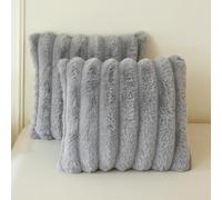 MEGO 2 Pack Fluffy Faux Rabbit Fur Throw Pillow Covers, Comfy Wide Stripe Plush Fuzzy Home Decor Square Cushion Covers with Zipper, Shaggy Furry Pillow Shams Bed Couch Sofa Chair, 20x20, Light Grey