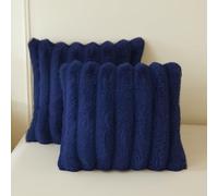 MEGO 2 Pack Fluffy Faux Rabbit Fur Throw Pillow Covers, Comfy Wide Stripe Plush Fuzzy Home Decor Square Cushion Covers with Zipper, Shaggy Furry Pillow Shams for Bed Couch Sofa Chair, 18x18, Navy Blue