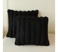 MEGO 2 Pack Fluffy Faux Rabbit Fur Throw Pillow Covers, Comfy Wide Stripe Plush Fuzzy Home Decor Square Cushion Covers with Zipper, Shaggy Furry Pillow Shams for Bed Couch Sofa Chair, 18x18, Black