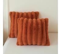 MEGO 2 Pack Fluffy Faux Rabbit Fur Throw Pillow Covers, Comfy Wide Stripe Plush Fuzzy Home Decor Square Cushion Covers with Zipper, Shaggy Furry Pillow Shams Bed Couch Sofa Chair, 18x18, Burnt Orange