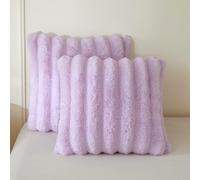 MEGO 2 Pack Fluffy Faux Rabbit Fur Throw Pillow Covers, Light Purple Stripe Plush Fuzzy Home Decor Square Cushion Covers with Zipper, Shaggy Furry Pillow Shams Bed Couch Sofa Chair, 18x18, Lavender