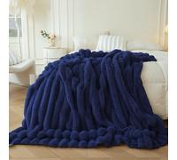 MEGO Fluffy Faux Rabbit Fur Throw, Luxury Wide Stripe Plush Fuzzy Blanket Bed Couch Sofa Chair, Decorative Shaggy Throw Bedroom Living Room, Furry Blanket for Kids Girls Teens Adult, 50x60, Navy Blue