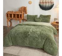 MEGO Luxury Shaggy Faux Fur Duvet Cover Set, Soft 3 PCS Fluffy Comforter Cover Set, Fuzzy Bedding Set Bedroom Guest Room(1 Plush Furry Duvet Cover + 2 Pillowcases), Zipper Closure(King, Sage Green)