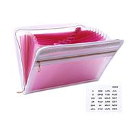 MEGREZ A4 Paper File Folder with 13 Pockets, Accordion File Folder with Tabs, Zipper File Folder Organizer Document Organizer, Expanding File Folder with Tabs, Accordian Document Folder, Pink-Clear