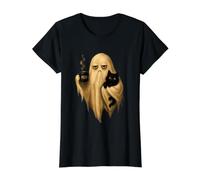 Meh Ghost with Black Cat Coffee Cute Halloween Spooky Season Value Graphic T-Shirt, Women, Black, L
