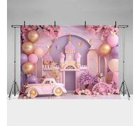 MEHOFOND 10x7ft Girl Birthday Photography Backdrop Pink Balloon Castle Car Butterfly Flower Portrait Background Princess Party Decoration Banner Studio Props