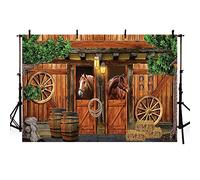 MEHOFOND 10x7ft Western Cowboy Backdrop Horse Hay Studio Portrait Photography Background Decor Vinyl Rustic Wooden Wall Green Trees And Stone Baby Shower Decorations Happy Birthday Party Photo Props