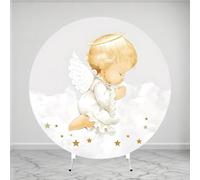 MEHOFOND 2m (6.5ft) Diameter Baptism Round Backdrop Angel My First Communion Star Grey Photography Background Boys and Girls Party Decoration Banner Background Cover Props (Booth Not Included)