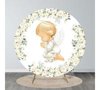 MEHOFOND 2m (6.5ft) Diameter Baptism Round Background Angel White Flowers My First Communion Photography Background Party Decoration Banner Background Cover Props (Booth Not Included)
