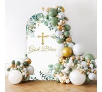 MEHOFOND 3.3x 7ft Baptism Golden Cross Green Eucalyptus Leaves Arch Backdrop Round Top Background Arch Frame Suit God Bless Baptism Party Religious Church Chiara Arch Cover Decoration Photo Props