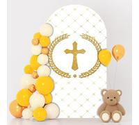 MEHOFOND 3.3x 7ft Gold Cross Figure Arch Backdrop Cover Round Top Background Arch Frame Set Baptism First Holy Communion Arch Wall Decorative Photo Props