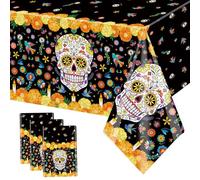 MEHOFOND 3 Pcs Day of The Dead Plastic Tablecloth, Dia De Los Muertos Disposable Table Cover for Halloween, Mexican Skull Marigold Fiesta Party Decorations, Day of The Dead Party Supplies