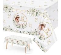 MEHOFOND 3 Pcs White First Holy Communion Disposable Tablecloths for Girl, 108x54 White Floral with Girl Primera Comunión Plastic Disposable Table Cover, Baptism God Bless Table Cloth Party Decor