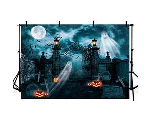 MEHOFOND 3 x 2.1 m Halloween Background Decoration Pumpkin White Blue at Night Halloween The Grave Birthday Photography Background Political Party Cake Table Wallpaper