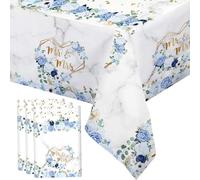 MEHOFOND 3pcs Blue Mr & Mrs Plastic Tablecloth, Floral Wedding Party Disposable Table Cover, Hearts Geometric Bridal Shower Table Cloth, Bride to Be Engagement Party Decorations,108 x 54 Inch