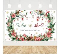 MEHOFOND 6x3.6ft Christmas Gender Reveal Backdrop Banner Santa Baby Gender Reveal Party Decor He or She What Will Santa Baby Be Xmas Boy or Girl Winter Snowflake Newborn Party Photo Props