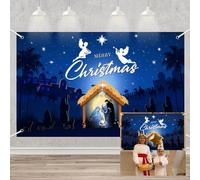 MEHOFOND 6x3.6ft Christmas Nativity Banner Backdrop Merry Christmas Nativity Barn Birth of Jesus Decorations Banner Blue Holy Scene Nativity Indoor Outdoor Wall Decoration Photography Background