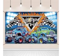 MEHOFOND 6x3.6ft Happy Birthday Backdrop, Flame Truck Racing Car Pattern, Kids Racing Theme Birthday Party Photography Background Photo Shoot Props