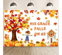 MEHOFOND 6x3.6ft His Grace Falls on Us Backdrop Big Tree Pumpkin Religious Autumn Banner Maple Leaf Decoration Scarecrow Squirrel Thanksgiving Party Photo Booth Prop
