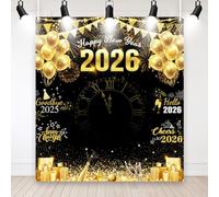MEHOFOND 6x6.5ft Black and Gold 2026 Happy New Year Backdrop Goodbye 2025 Hello 2026 New Year Eve Party Photography Background Balloon Fireworks Glitter Dots Cheers to 2026 Photo Booth Props