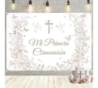 MEHOFOND 71x43 Inch Mi Primera Comunión Backdrop Vintage Floral Baptism Decorations Light Brown First Holy Communion Photography Background God Bless Christening Party Backdrop Banner Photo Booth Prop