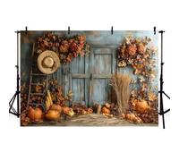 MEHOFOND 7x5ft Autumn Photography Backdrop Golden Leaves Straw Pumpkin Harvest Blue Painted Wooden Door Photography Background Children Portrait Birthday Party Decoration Studio Props