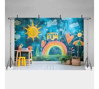 MEHOFOND 7x5ft Back To School Photography Backdrop Blackboard Chalk Painting Sun Rainbow Desk Green Plant Wooden Background Children Birthday Party Decoration Banner Photo Booth Props