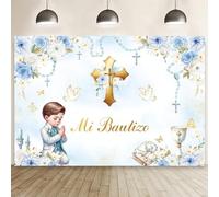 MEHOFOND 7x5ft Blue Floral Mi Bautizo Mexican Baptism Backdrop with Boy Spring Flowers Mi Bautizo Christening Party Decorations Pastel Baptism Party Decorations Chalice Cross Pigeon Party Photo Props