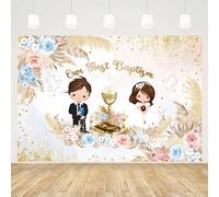 MEHOFOND 7x5ft Boy-Girl Twins Baptism Decoration Backdrop Our First Baptism Bohemian Dove Flowers Pans Grass Gold Point Photography Background Children Communion Party Decoration Banner Props