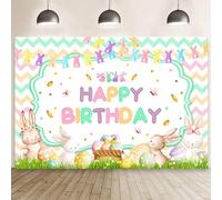 MEHOFOND 7x5ft Bunny Happy Birthday Backdrop Spring Easter Bunny Birthday Photography Background for Girls Colorful Eggs Rabbit Carrot Grass Decorations for Easter Bday Party Cake Smash Photo Props