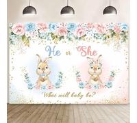 MEHOFOND 7x5ft Easter Gender Reveal Backdrop Bunny Floral Baby Shower Photography Background He or She What Will Baby Be Newborn Gender Reveal Party Decor Gold Confetti Cake Smash Photo Props
