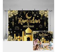 MEHOFOND 7x5ft Eid Mubarak Backdrop for Muslim Black and Golden Muslim Ramadan Eid Mubarak Party Decorations Banner Eid Mubarak Props