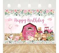 MEHOFOND 7x5ft Farm Backdrop Happy Birthday Cartoon Animal Pink Floral Green Plant Eucalyptus Leaves Photography Background Portrait Cake Smash Birthday Party Decoration Cake Table Banner Studio Props