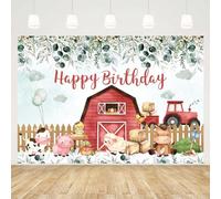 MEHOFOND 7x5ft Farm Party Decorations Backdrop Happy Birthday Cartoon Animal Green Plant Eucalyptus Leaves Birthday Decoration Photo Background Portrait Cake Smash Party Decoration Cake Table Prop