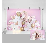 MEHOFOND 7x5ft Girl 1st Birthday Photography Backdrop Pink And Gold Butterfly Balloons Family Birthday Party Background Banner Cake Smash Decor Newborn Child Portrait Photo Studio Props Supplies