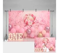MEHOFOND 7x5ft Girl 1st Birthday Photography Background Pink Floral Balloons Kids Party Banner Decoration Supplies Retro Newborn Portrait Photo Backdrop Happy Birthday Photoshoot Studio Props