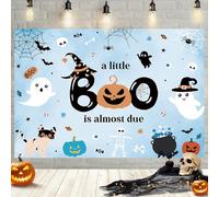 MEHOFOND 7x5ft Halloween Baby Shower Backdrop for Boy a Little Boo is Almost Due Decorations Banner Blue Ghost Pumpkin Spider Web Halloween Baby Shower Photography Background Party Cake Table Banner