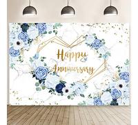 MEHOFOND 7x5ft Happy Anniversary Backdrop Blue and White Floral Wedding Anniversary Photography Background Hearts Geometric Couple Wedding Women Birthday Party Cake Smash Decor Studio Photo Props