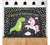 MEHOFOND 7x5ft Magical Birthday Backdrop Party Decoration Little Dinosaur and Unicorn Happy Birthday Green and Pink Photography Background Banner of Cake Table Studio Photo Props